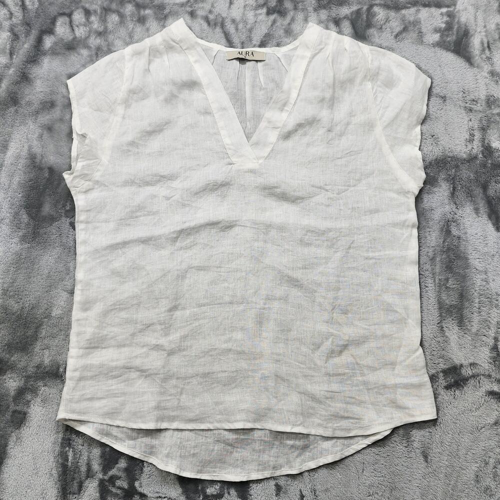 Aura Top Women M White Linen Split V-Neck Cap Sleeve Tee Popover Timeless Casual